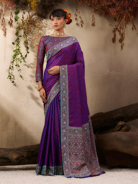 Monjolika Fashion Purple woven Kanjivaram Silk Blend Saree