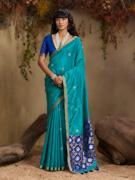 Monjolika Fashion Tussar Silk Blend woven Work Saree in Aqua Blue