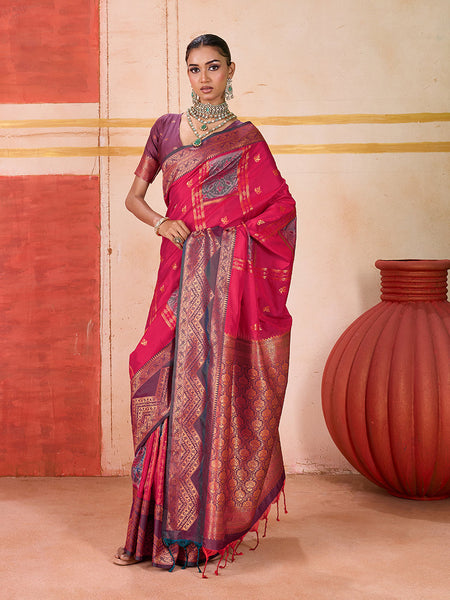 Monjolika Fashion Silk Blend woven Work Rani Pink Saree