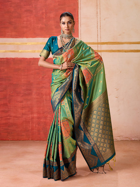 Monjolika Fashion Silk Blend woven Work Green Saree