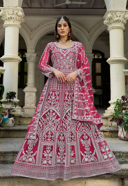 Monjolika Fashion Rani Pink Embroidered Net Gown with Dupatta