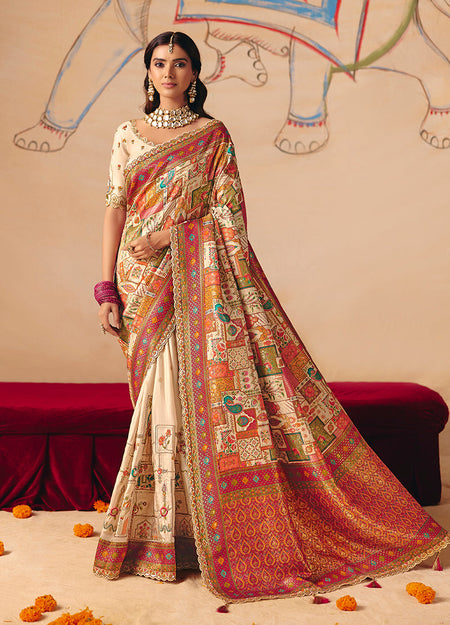 Monjolika Fashion Cream Embroidered Silk Blend Saree