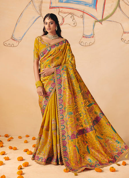 Monjolika Fashion Mustard Embroidered Silk Blend Saree