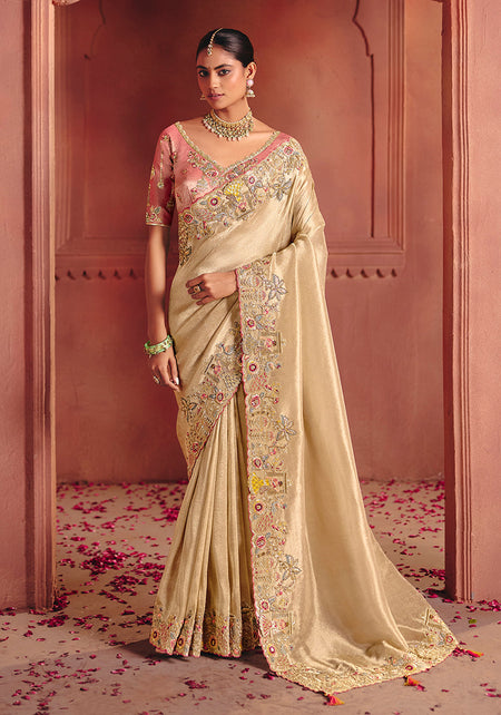 Monjolika Fashion Cream Silk Blend Embroidered Saree