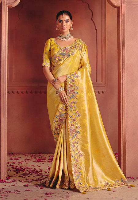 Monjolika Fashion Yellow Silk Blend Embroidered Saree
