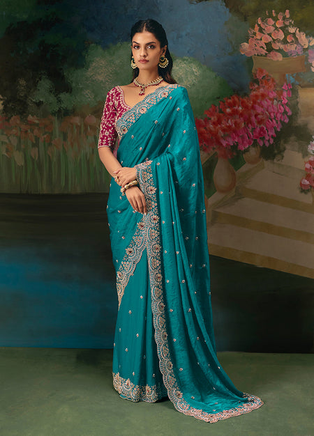 Monjolika Fashion Fancy Fabric Embroidered Saree in Aqua Blue