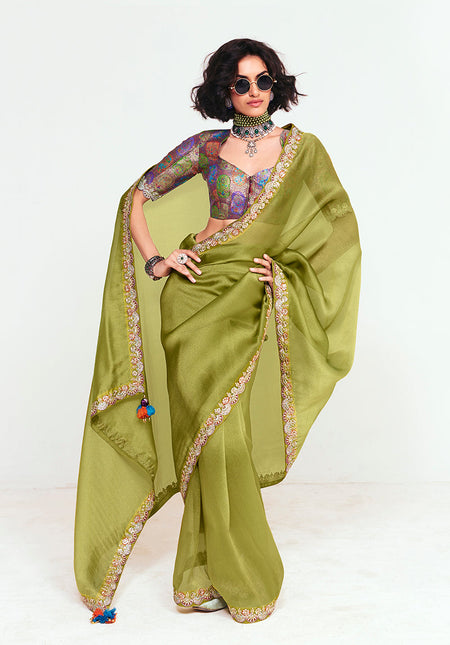 Monjolika Fashion Fancy Fabric Embroidered Olive Green Saree