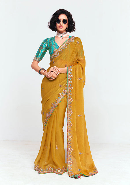 Monjolika Fashion Fancy Fabric Embroidered Mustard Saree