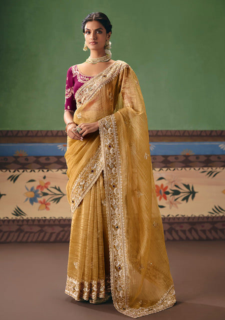 Monjolika Fashion Mustard Fancy Fabric Embroidered Saree