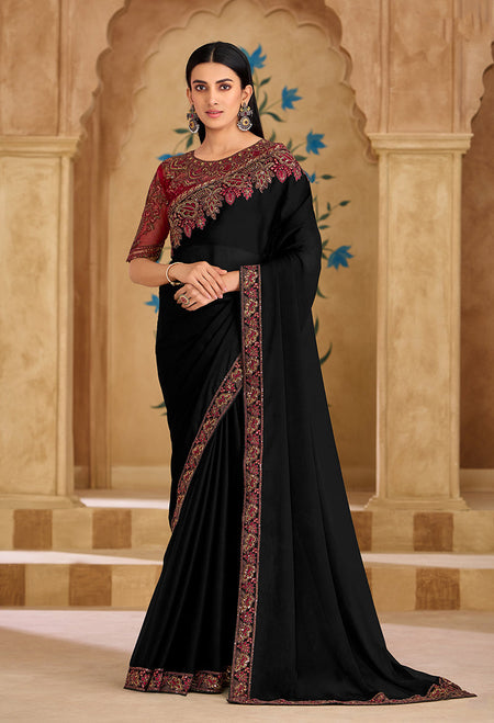 Monjolika Fashion Embroidered Faux Georgette Black Saree