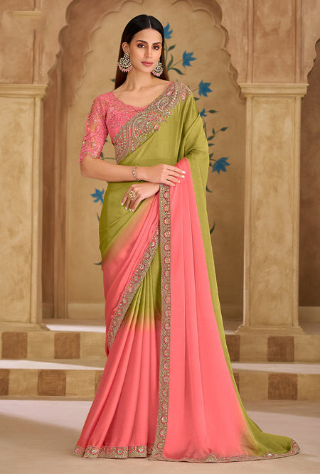 Monjolika Fashion Embroidered Faux Georgette Parrot Green & Pink Saree