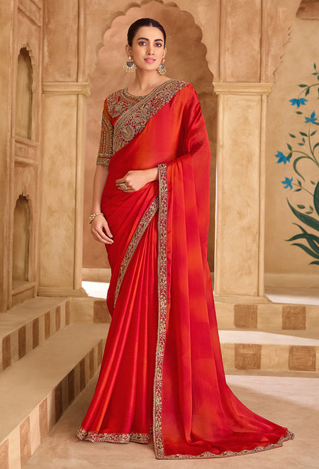 Monjolika Fashion Embroidered Faux Chiffon Shaded Red Saree