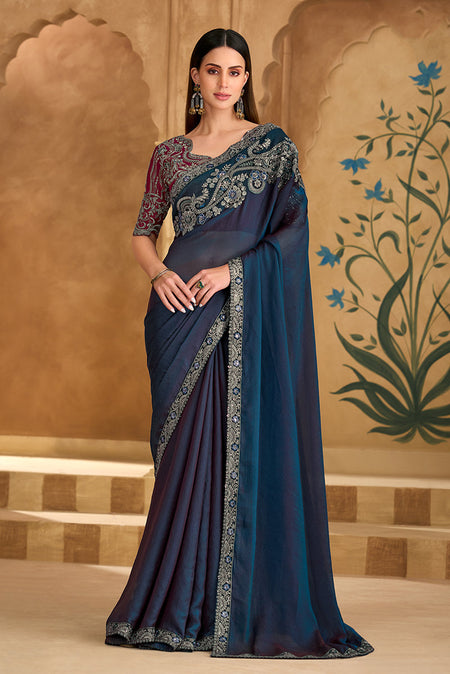 Monjolika Fashion Embroidered Faux Georgette Navy Blue Saree