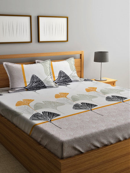 Home Sizzler Grey & Yellow Floral 210 TC Queen Bedsheet with 2 Pillow Covers