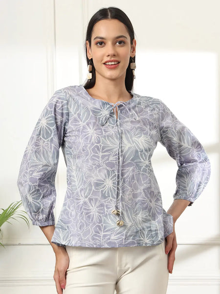 Yufta Grey Printed Cotton Peplum Top