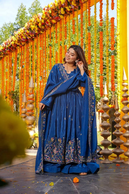 Yash Enterprise Blue Silk Party Wear Embroidery Anarkali Suit Set
