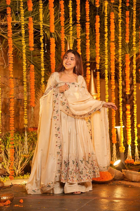Yash Enterprise Off White Silk Party Wear Embroidery Anarkali Suit Set