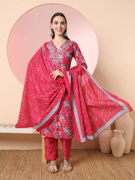 Yufta Pink Pure Cotton Thread_Work Straight Kurta Dupatta Pant Set