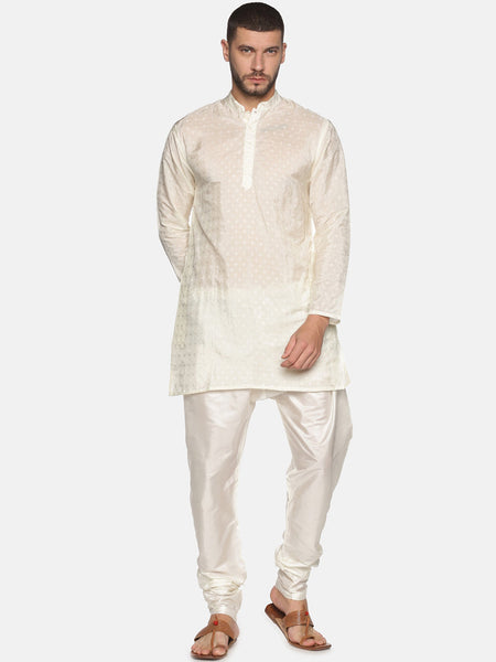 Sethukrishna Men Cream-Coloured Woven Design Kurta with Churidar