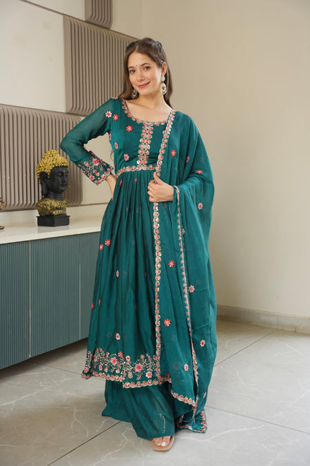 Lorenvalley Fashion Rama Noha Crush Silk with Embroidery Threads & Sequins Work Anarkali Sharara with Dupatta