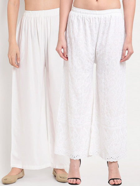 TAG 7 Pack Of 2 Women White Embroidered Palazzos