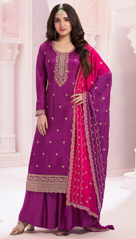 Anaita Purple Premium Embroidered Vichitra Silk Salwar Suit