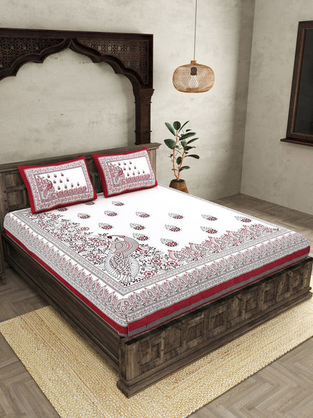 JAIPUR FABRICWhite Red Ethnic Motifs Cotton 250 TC King Bedsheet With 2 Pillow Covers