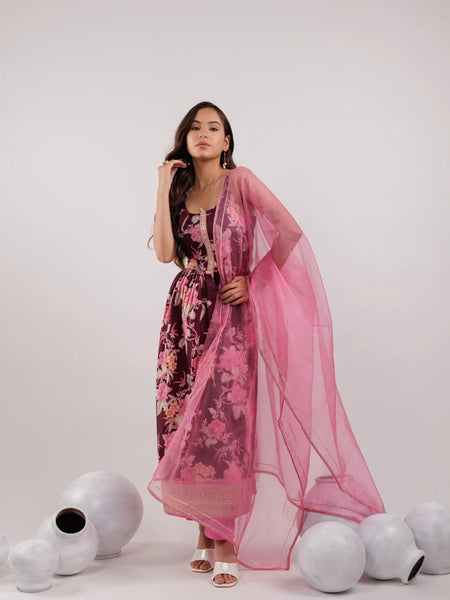 Yufta Burgundy Floral Print Cotton Fit And Flare Kurta Trouser & Dupatta Set