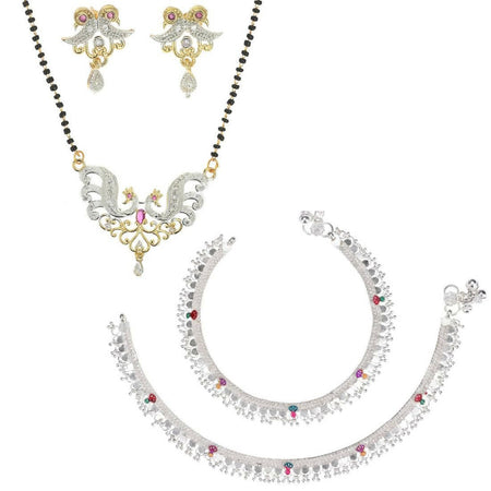 AanyaCentric Gold-Polished Mangalsutra Pendant Earring Set & Silver Plated Anklet