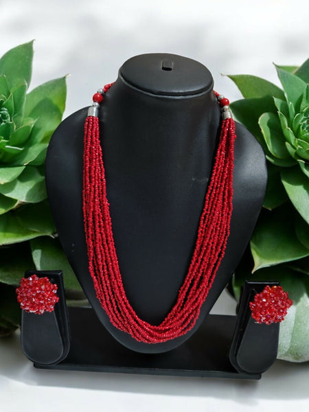 Inhanns Bloom Handmade Beaded Necklace With Earrings - 12 Layers - Red Necklace Set