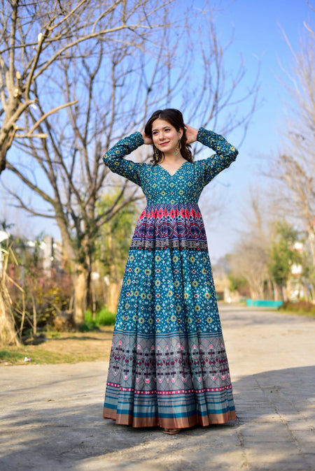 Aayaa Pure Chanderi Gown With Heavy Digital Print - Multi Color