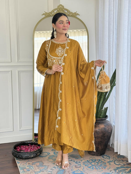 The52 Women's Beautiful Vichitra Silk Fabric Embroidery Work Flared Anarkali Pant and Dupatta Set