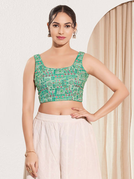 Joban Fashion Sea Green Viscose Rayon Padded Blouse With Square Neck Sleeveless