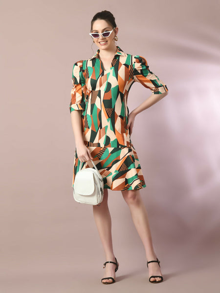 Myshka Women's Multi Printed Shirt Collar Fit and Flare Party Dress