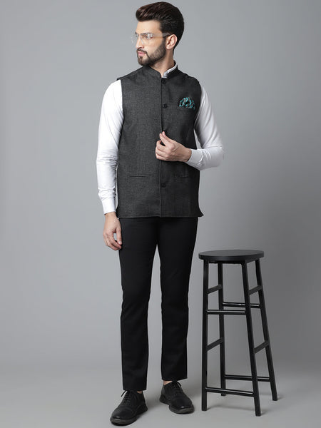Even Apparels Men's Black Pure Wool Nehru Jacket