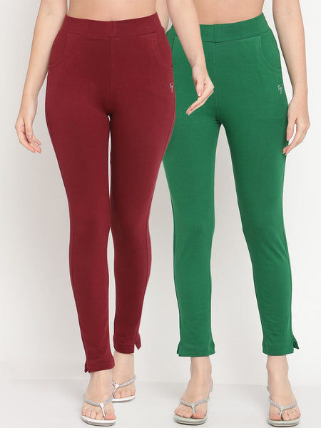 TAG 7 Women Set of 2 Maroon & Green Ankle Length Leggings