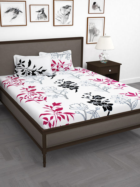 Story@home White & Pink Floral King Bedsheet with 2 Pillow Covers