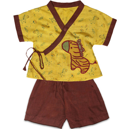 Mhyssa V Neck Kimono Style Half Sleeve Printed Yellow T-shirt With Matching Maroon Shorts Set