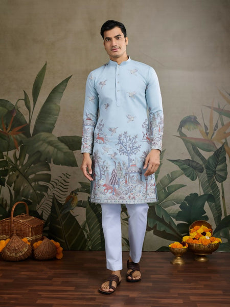Vastranavya Sky Blue Exclusive Festival Wear Viscose Silk Thread & Sequence Embroidered Work Kurta