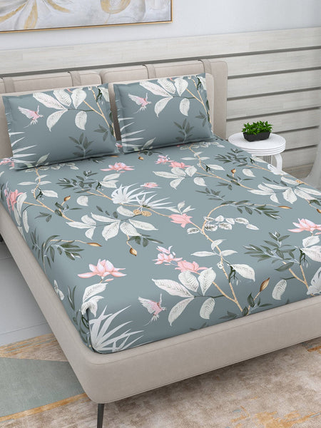 DREAM WEAVERZ Grey & White Floral 220 TC Queen Bedsheet with 2 Pillow Covers