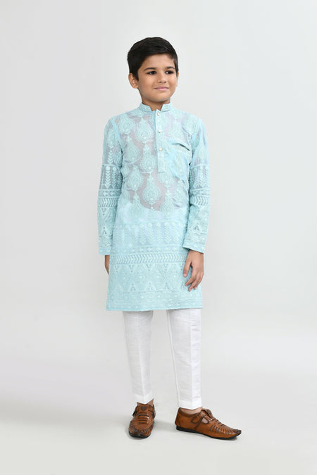 Joban Fashion Georgette Aqua Green Kurta With Straight Fit Pant