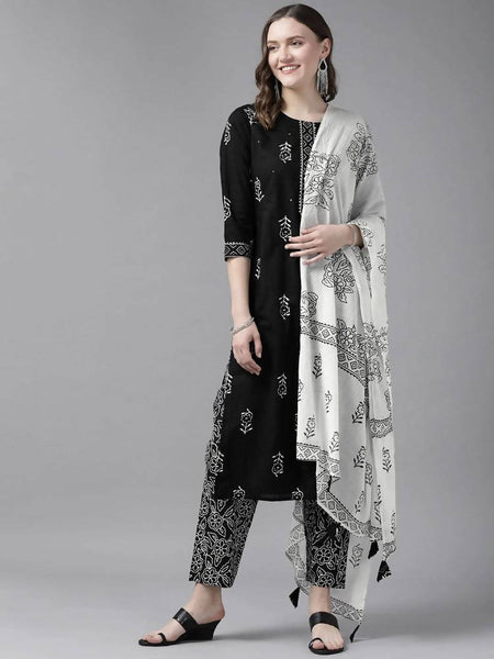 Yufta Women Black & White Ethnic Print Sequined Pure Cotton Kurta with Trouser and Dupatta