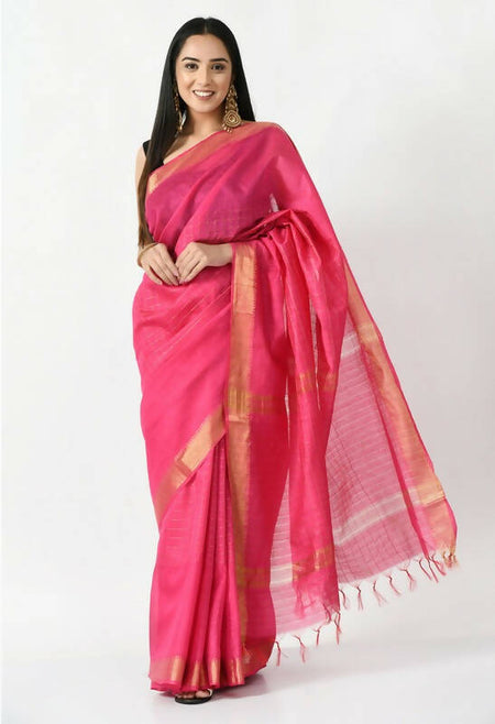 Mominos Fashion Moeza Pink Bhagalpuri Handloom Silk Raj Shree Saree with unstitched Blouse piece