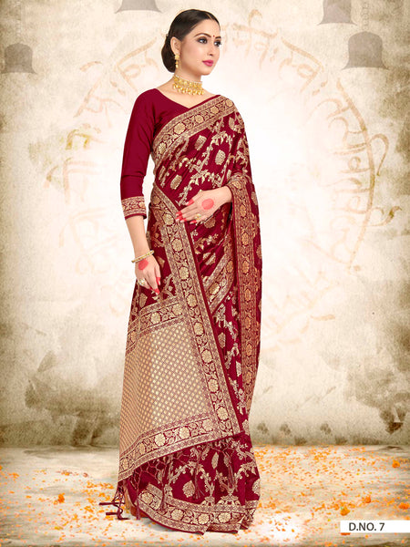 Vardha Maroon Red Woven Zari Jaal Banarasi Saree