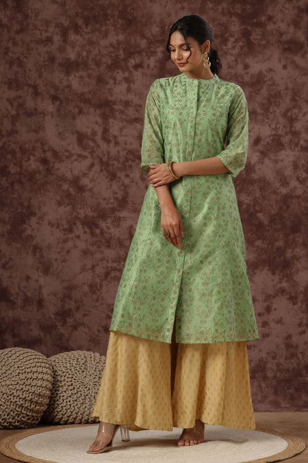 Juniper Womens Pistagreen Chanderi Foil Printed Kurta