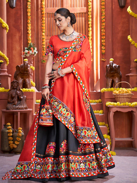 Myra Black Art Silk Gamthi Work Designer Lehenga