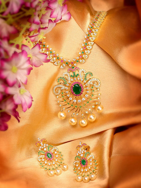Saraf RS Jewellery Women Gold-Toned & Multi-Coloured CZ-Studded Handcrafted Jewellery Set