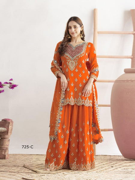 Anaita Orange Chinon Suit With Embroidered Sequins & Mirror Work