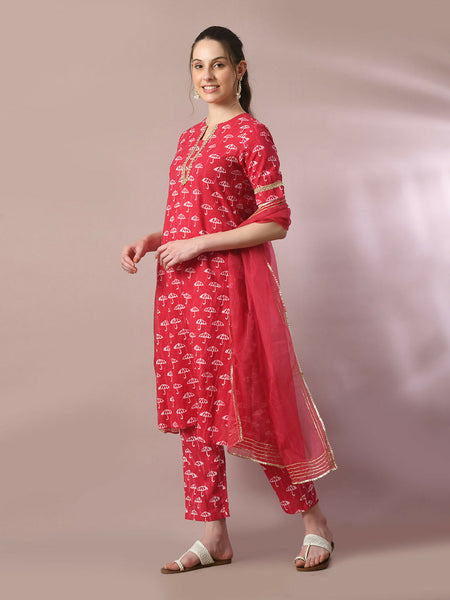 Myshka Women's Pink Printed Cotton Straight Party Kurta Set With Dupatta