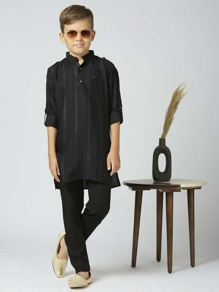 Joban Fashion Kids Island Full Sleeves Cotton Kurta and Pyjama Set with Strip - Black